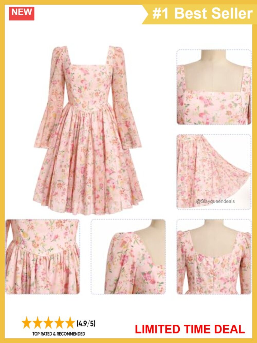 Floral Chiffon Bell Sleeve Square Neck Ruffle Mini Dress - Picture 5 of 6